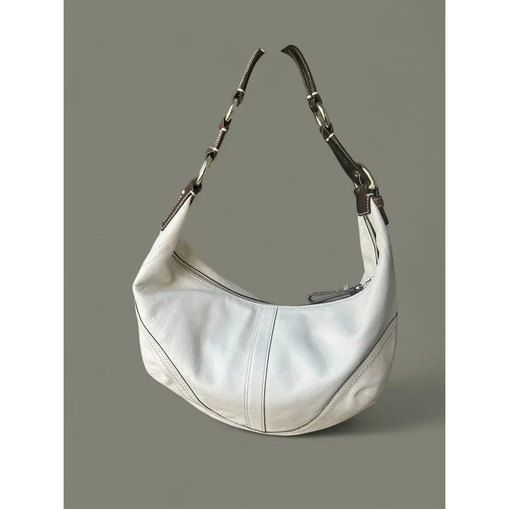 Coach White Leather Hobo Shoulder Bag with Dark Brown Strap